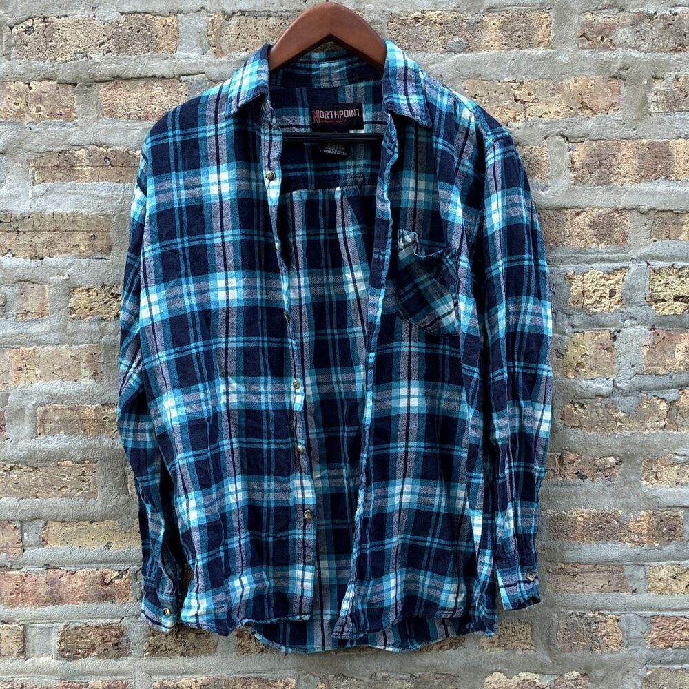 Northpoint‎ Men's M Blue Plaid Flannel Point Collar Long Sleeve Button-Up Shirt